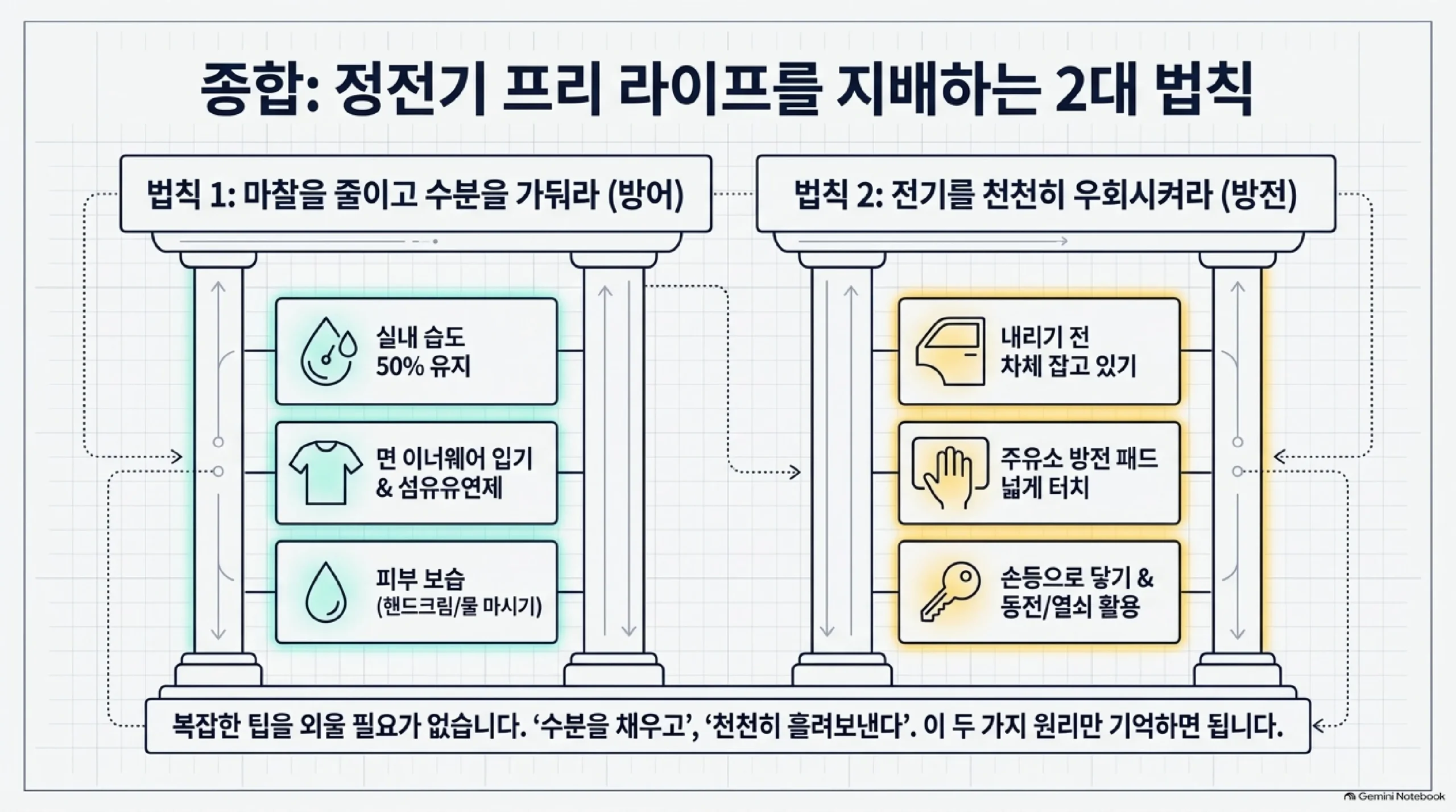 정전기를 줄이는 두 가지 원칙 — 마찰을 줄이고 수분을 가둬 두는 방어(실내 습도 50% 유지, 면 이너웨어와 섬유유연제, 핸드크림과 물 마시기)와 쌓인 전기를 천천히 흘려보내는 방전(내리기 전 차체 잡고 있기, 주유소 정전기 방지 패드 터치, 손등으로 닿기와 동전·열쇠 활용)을 두 기둥으로 나눈 그림