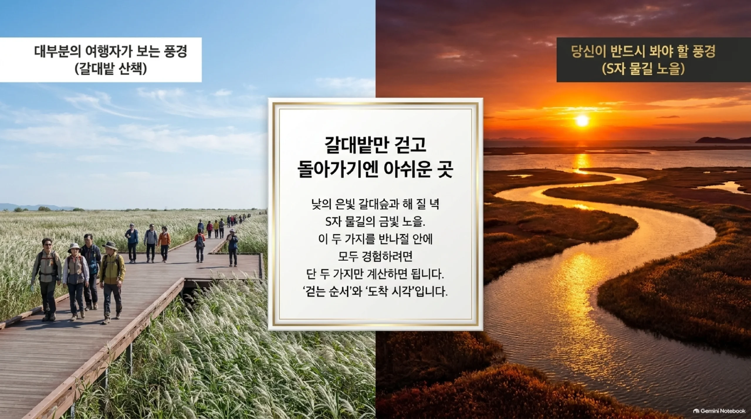 순천만은 갈대밭만 걷고 돌아가기엔 아쉬운 곳 — 많은 여행자가 보는 낮의 은빛 갈대 데크길 산책과 꼭 봐야 할 해 질 녘 S자 물길 노을을 나란히 놓고, 반나절에 둘 다 보려면 걷는 순서와 도착 시각만 맞추면 된다는 안내